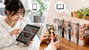 ワンピースを読める公式サービスと紙の単行本を比較するイメージ