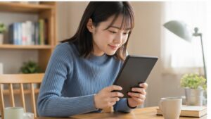タブレットで電子漫画の無料試し読みを楽しむ日本人女性