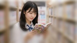 書店で少女漫画を選ぶ日本人の女子高校生