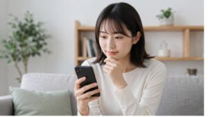 スマートフォンで交配休暇の電子書籍配信先を比較する日本人女性