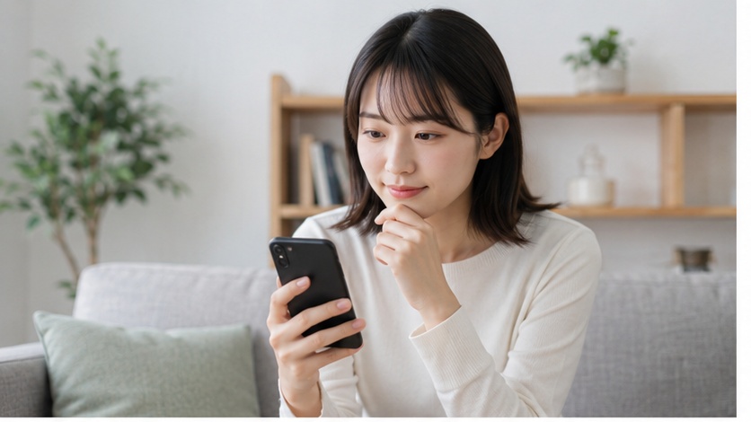 スマートフォンで交配休暇の電子書籍配信先を比較する日本人女性