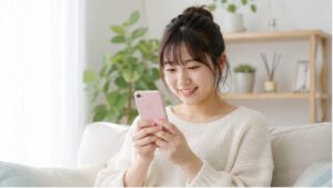 スマートフォンで公式漫画アプリを楽しむ日本人女性