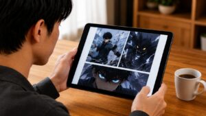 タブレットでフルカラーの電子漫画を読む日本人男性