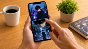 スマートフォンでフルカラーの縦読み漫画を読む日本人男性
