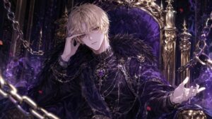 ダークフォールの王をイメージした金髪の人物と紫の玉座