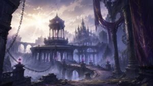 ダークフォールをイメージした霧と紫の光に包まれた幻想的な城塞