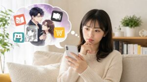この男、優良物件につき』をどこで読めるかスマホで調べる女性