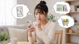 漫画の無料配信や試し読み情報をスマホで確認する女性
