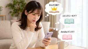 『この男、優良物件につき』のあらすじや作品情報をスマホで確認する女性