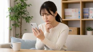 正規電子書店で『この男、優良物件につき』を読むか検討する女性