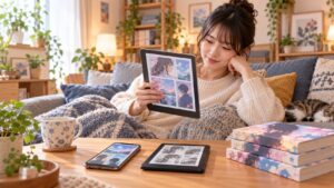 漫画『壇蜜』を正規の電子書籍サービスで安全に読む女性