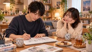 夫婦の日常を漫画として描くノンフィクション作品をイメージした日本人男女