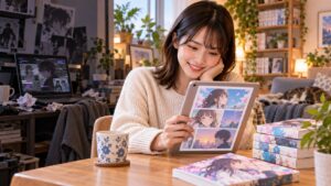 漫画『壇蜜』の無料試し読みや電子書籍をタブレットで確認する女性