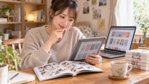 スマホとタブレットと紙の漫画を並べて電子書籍の読み方を比較する様子