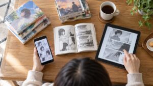 漫画を無料試し読みして電子書籍と紙の単行本を比較する日本人女性