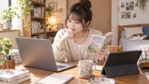 パソコンと漫画を見ながら愛しのリビングデッドを読める場所を調べる女性