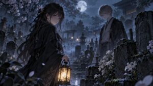 月夜の墓地に男女がたたずむ愛しのリビングデッドをイメージしたダークファンタジー