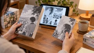 漫画の通常版と特装版を電子版と見比べて購入方法を確認するイメージ