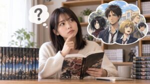 進撃のスクールカーストが収録された漫画の巻数を確認する女性