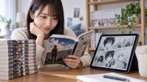 進撃のスクールカーストを紙の漫画と電子書籍で読む方法を確認する女性