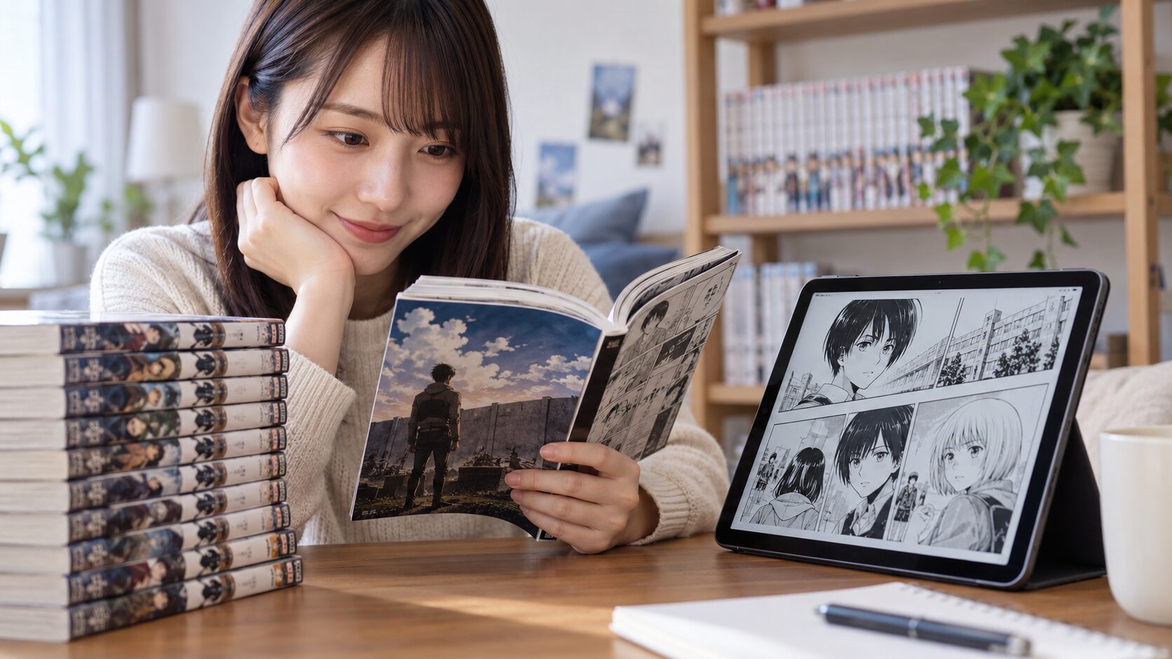 進撃のスクールカーストを紙の漫画と電子書籍で読む方法を確認する女性