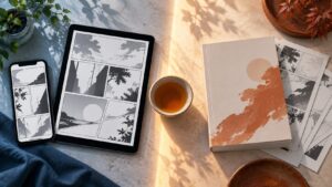 漫画の単話版を読む端末と紙の単行本を並べた比較イメージ