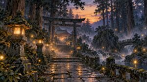 夕暮れの神社の参道と石灯籠を描いた和風ファンタジーのイメージ
