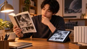 紙のSF漫画とタブレットの電子漫画を見比べる日本人男性