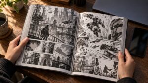 近未来都市とアクションシーンが描かれた大判のモノクロSF漫画