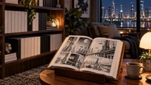 夜景が見える読書スペースに並んだ漫画と大判のSFコミック