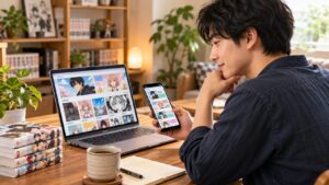 『生後0ヶ月の最強魔王』の配信先をパソコンとスマートフォンで探す男性のイメージ