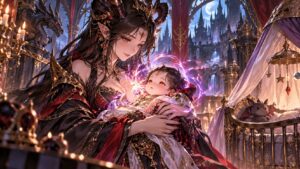 『生後0ヶ月の最強魔王』をイメージした魔族の女王と魔力を放つ赤ちゃんのイラスト