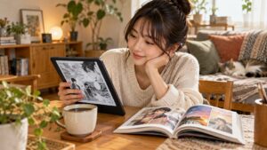 『生後0ヶ月の最強魔王』の無料試し読みをイメージしたタブレットで漫画を読む女性
