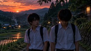 『光が死んだ夏』の不穏な夏をイメージした夕暮れの山村を歩く二人の日本人男子学生