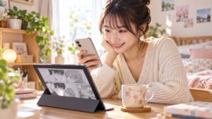 スマートフォンとタブレットで恋愛漫画を楽しむ日本人女性