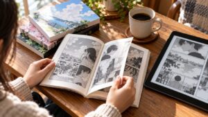 紙の漫画をめくりながらタブレットの電子漫画と読み比べる様子