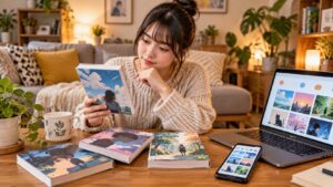 紙の漫画とスマートフォンやパソコンを見比べる日本人女性