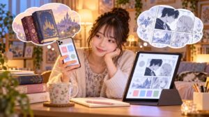 原作小説と漫画の読み方をスマートフォンとタブレットで比較する女性