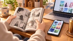 紙の漫画を開きながらスマートフォンとパソコンで電子書籍を比較する様子