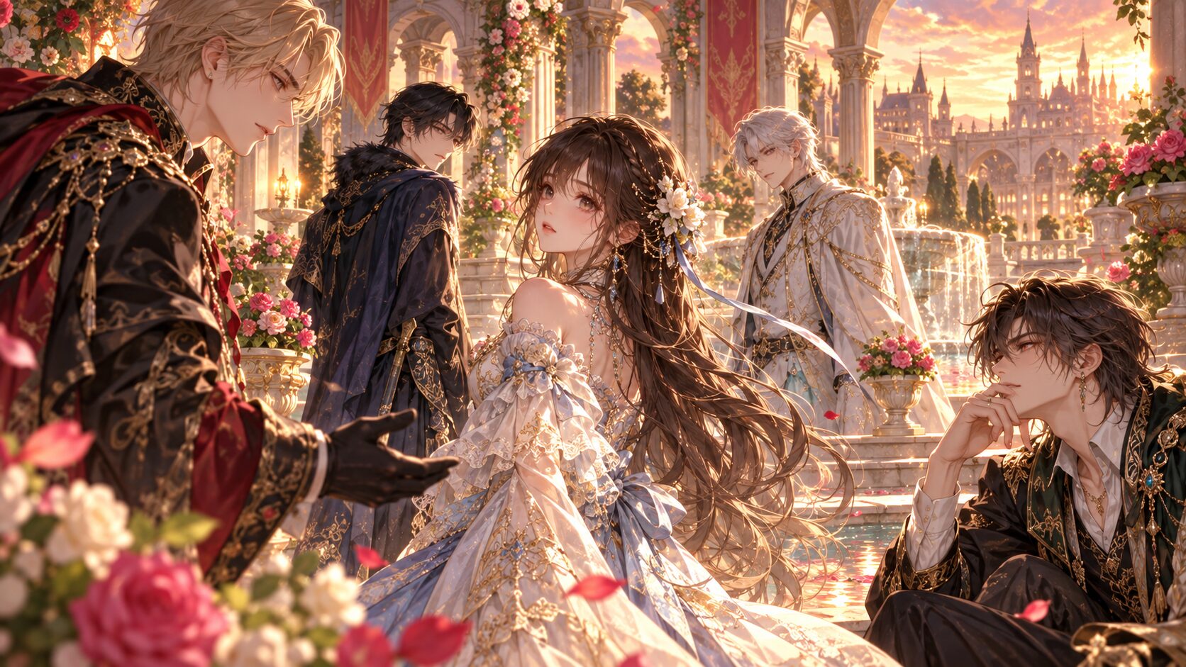 宮殿の庭園でドレス姿の女性と4人の青年が集う恋愛ファンタジーのイメージ