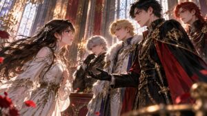宮殿の大広間で4人の青年と対峙するドレス姿の女性を描いたファンタジーイラスト
