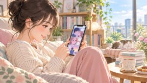 スマートフォンで恋愛Webtoonを読む女性のイメージ