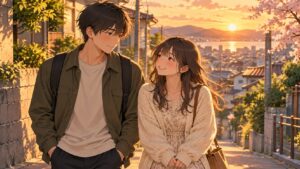 夕暮れの坂道を歩く幼なじみの男女を描いた恋愛漫画風イラスト