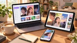 パソコン・タブレット・スマートフォンで電子漫画の配信画面を見るイメージ