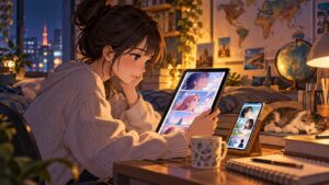 夜の部屋でタブレットを使い海外Webtoonを楽しむ女性のイメージ