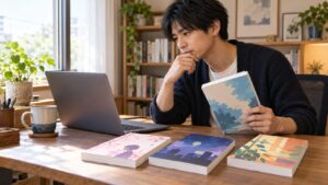 藤子・F・不二雄のSF短編集の収録本を探すイメージで、男性が漫画とパソコンを見比べている様子