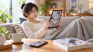 気楽に殺ろうよなどのSF短編漫画を電子書籍で読むイメージで、女性がソファでタブレットを操作している様子