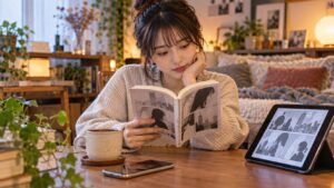 紙の漫画を読む日本人女性とタブレット｜NANAの電子書籍と紙版の読み方イメージ