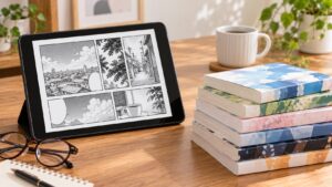 タブレットに表示された漫画と積み重ねた単行本｜NANAの電子書籍と紙版の比較イメージ