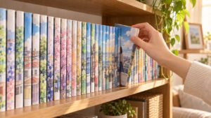 本棚に並ぶ漫画単行本から一冊を選ぶ様子｜NANAの紙版全巻セット購入イメージ